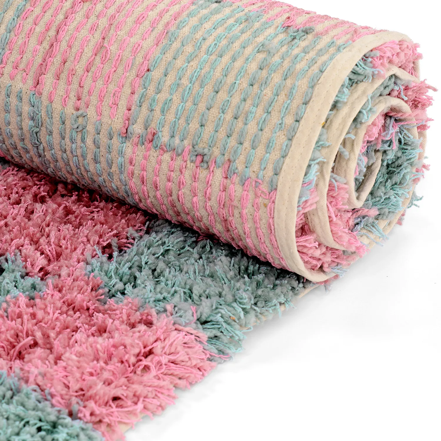 Tapis shaggy - Methoni Check Cotton Shaggy (bleu clair/rose clair)