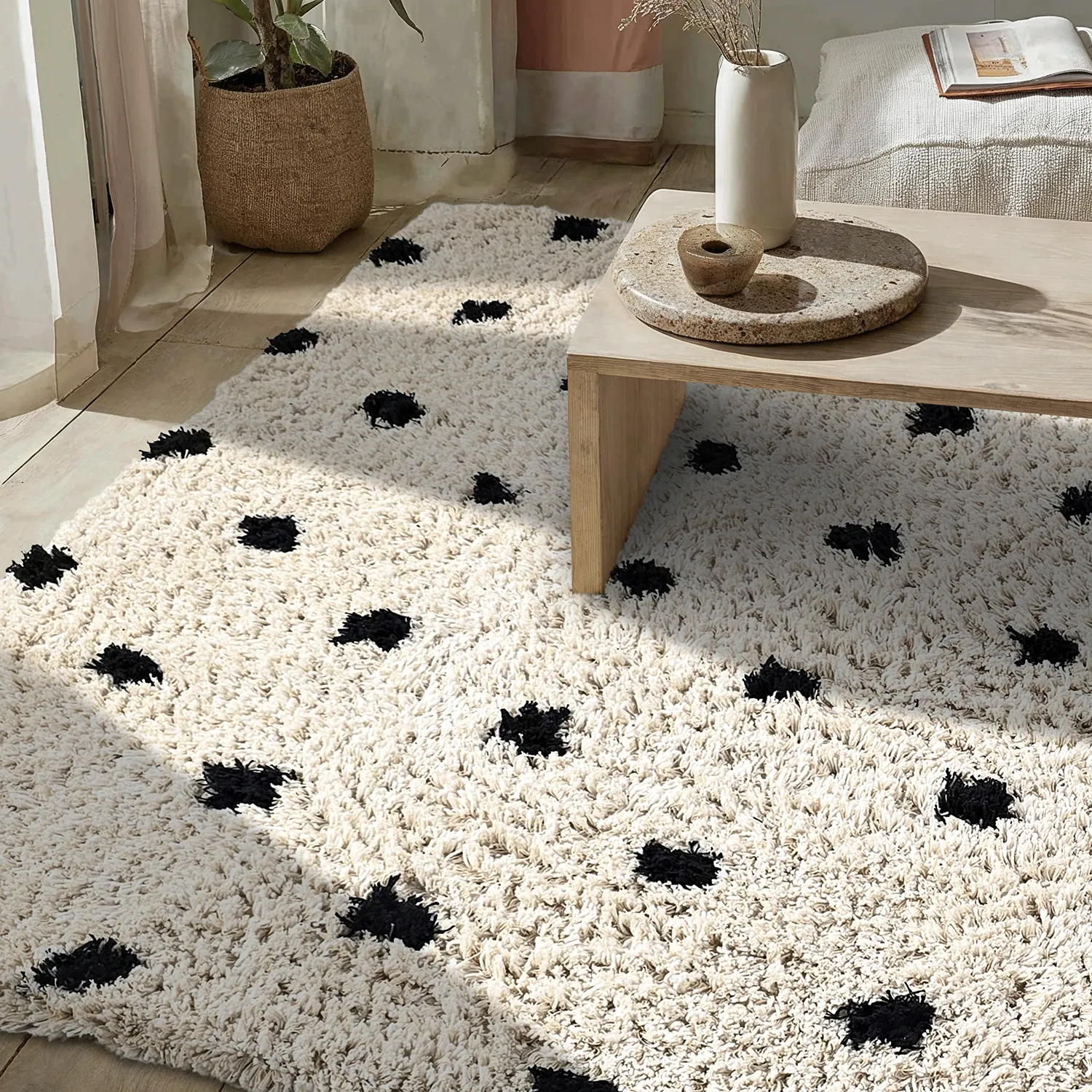 Tapis shaggy - Soria Natural Cotton Shaggy (blanc cassé/noir)