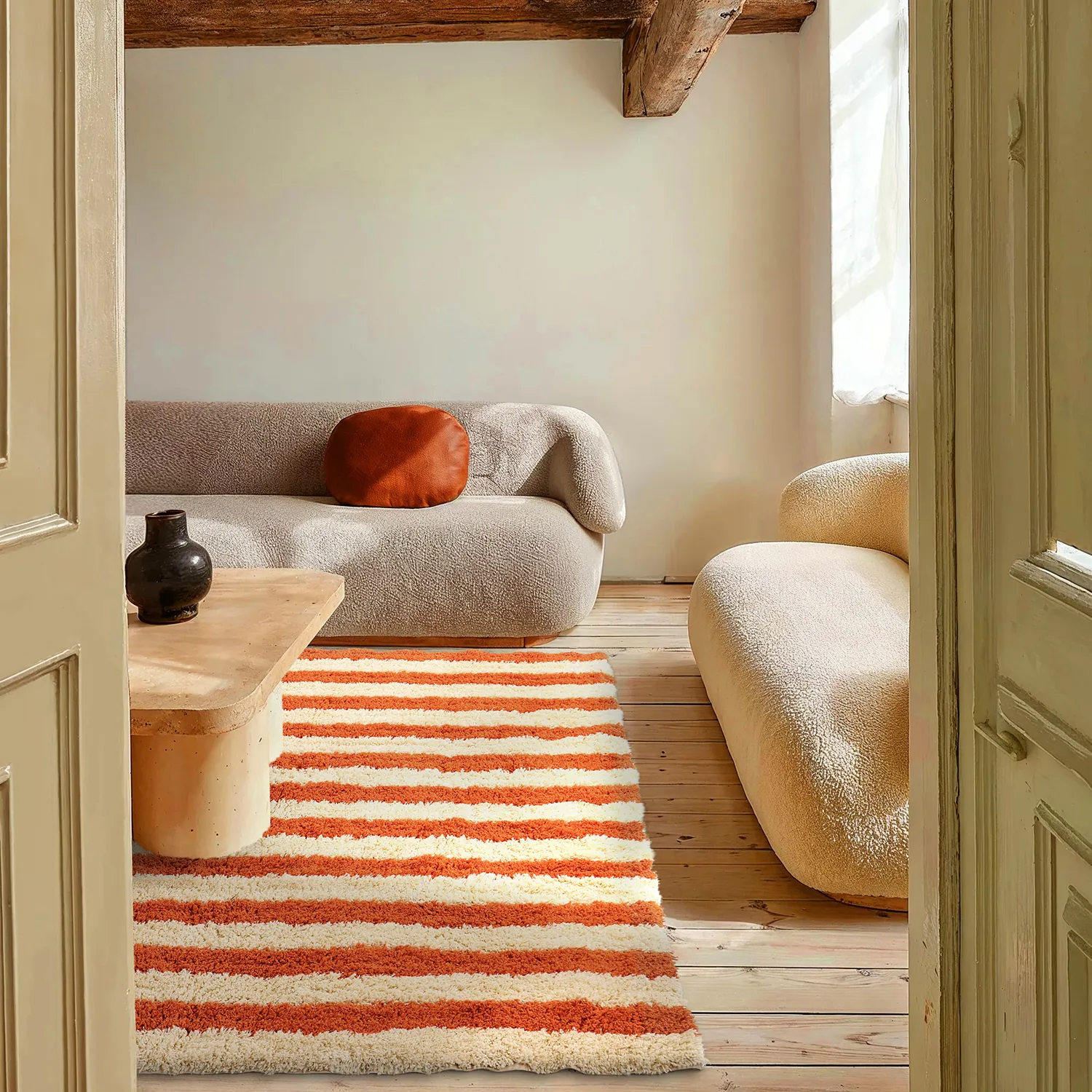Tapis shaggy - Thira Stripe Cotton Shaggy (jaune clair/orange clair)